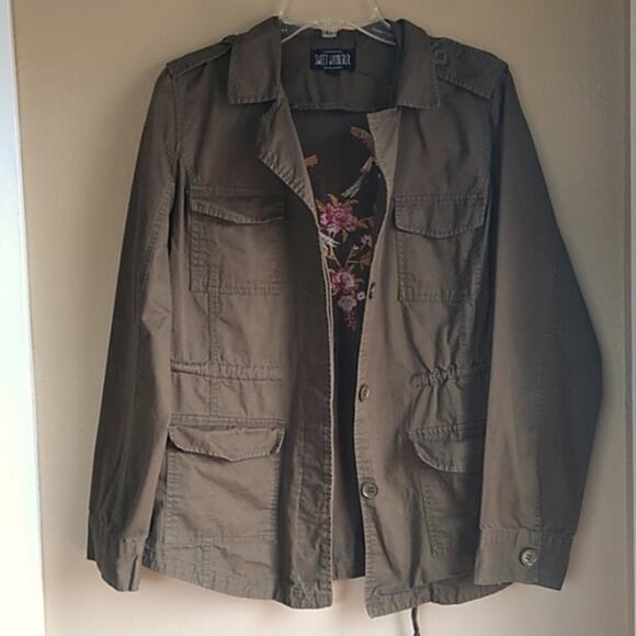 Sweet Wanderer Floral Embroidered Army Green Utility Light Weight Jacket Size L - Picture 1 of 9